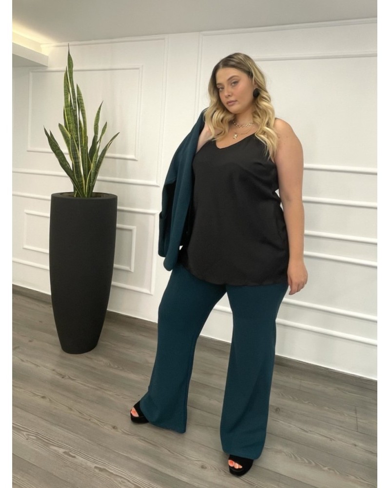 Παντελόνα Μονόχρωμη Skuba Crepe Καμπάνα Plus Size -Πετρόλ- 28100