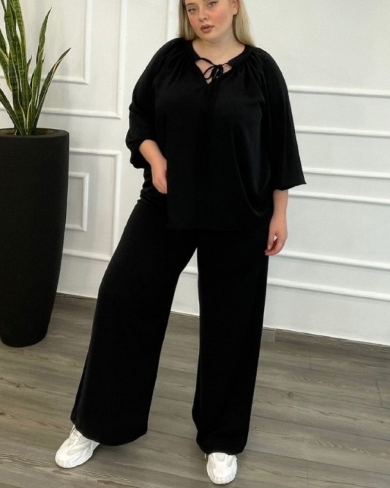 Παντελόνα Μονόχρωμη Με Λάστιχο Plus Size -Μαύρο- 28112P