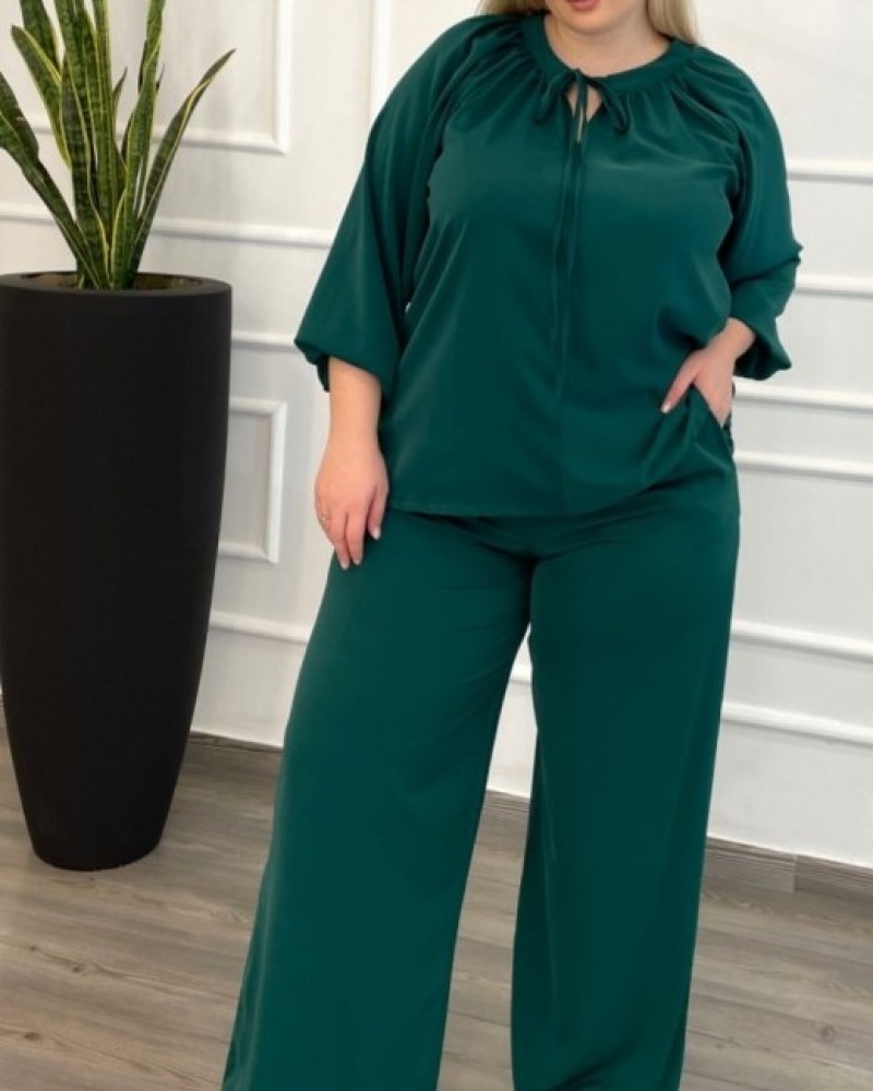 Παντελόνα Μονόχρωμη με Λάστιχο Plus Size -Πράσινο- 28112P