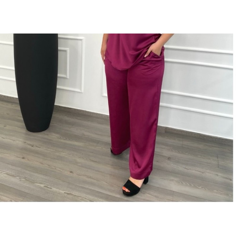 Παντελόνα Μονόχρωμη Σατέν Με Ζώνη Plus Size -Magenta- 28112