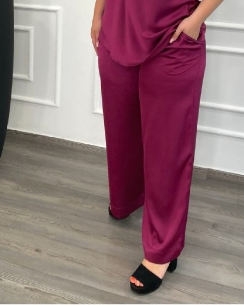 Παντελόνα Μονόχρωμη Σατέν Με Ζώνη Plus Size -Magenta- 28112