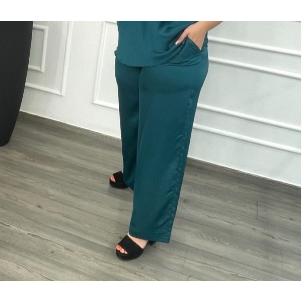 Παντελόνα Μονόχρωμη Σατέν Με Ζώνη Plus Size -Πετρόλ- 28112