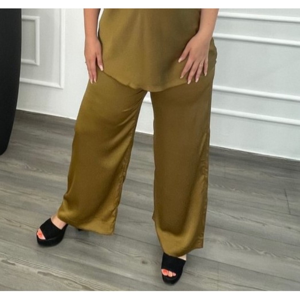 Παντελόνα Μονόχρωμη Σατέν Με Ζώνη Plus Size -Χρυσαφί- 28112