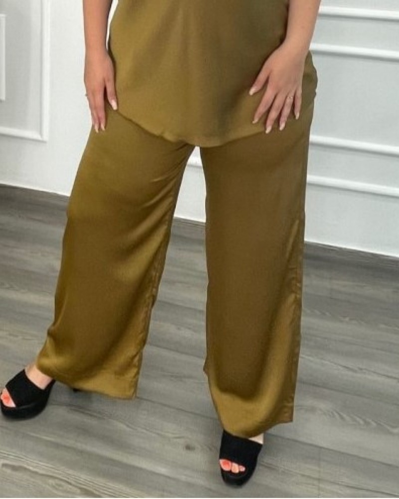 Παντελόνα Μονόχρωμη Σατέν Με Ζώνη Plus Size -Χρυσαφί- 28112