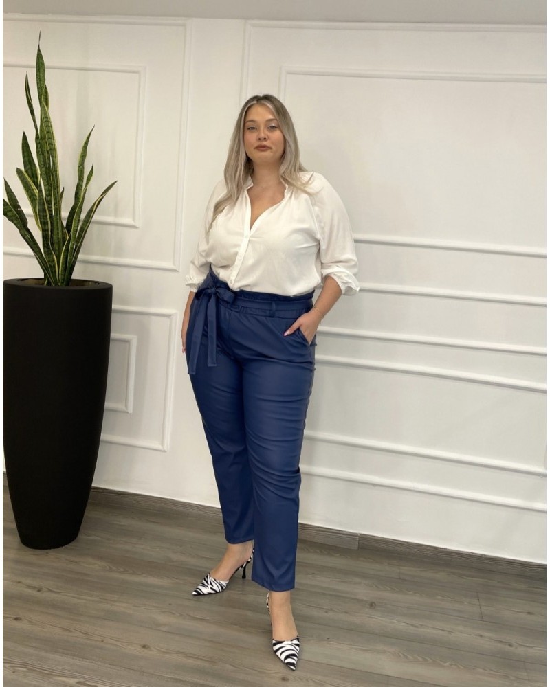 Παντελόνι Δερματίνη Με Ζώνη Plus Size -Μπλε Ρουά- 28126