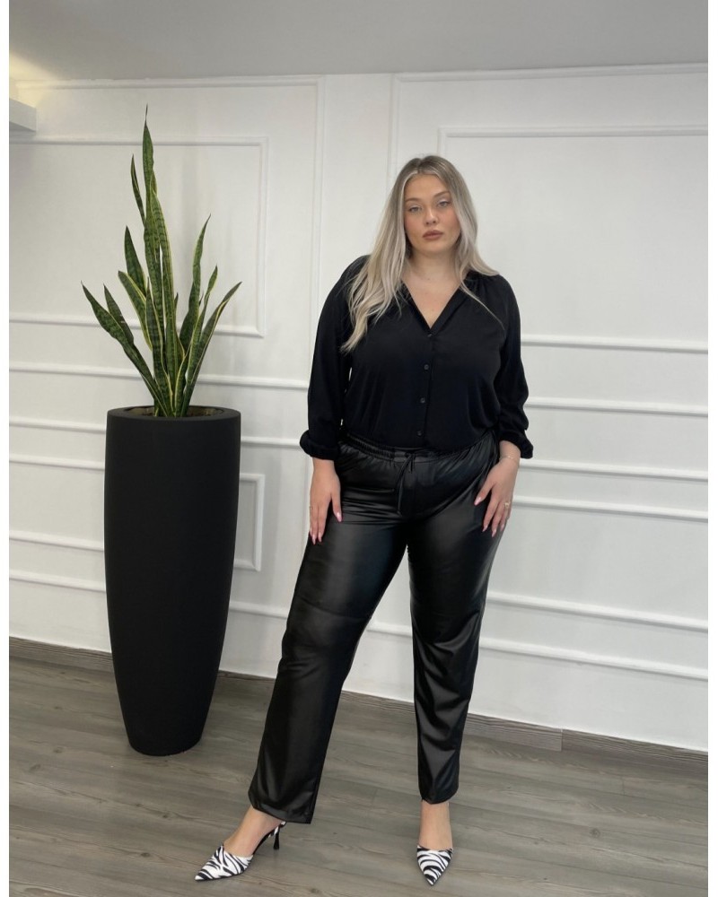 Παντελόνι Δερματίνη Με Λάστιχο και Τσέπες Plus Size -Μαύρο- 28127