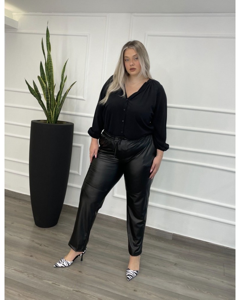 Παντελόνι Δερματίνη Με Λάστιχο και Τσέπες Plus Size -Μαύρο- 28127