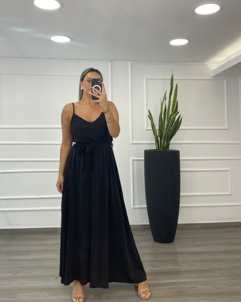 Φούστα Μακριά Satin Με Ζώνη -Μαύρο- 28200