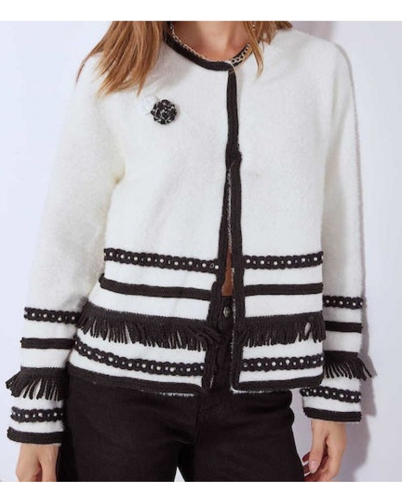 Γυναικεία Πλεκτή Ζακέτα Με Πέρλες Κρόσσια -Λευκό-