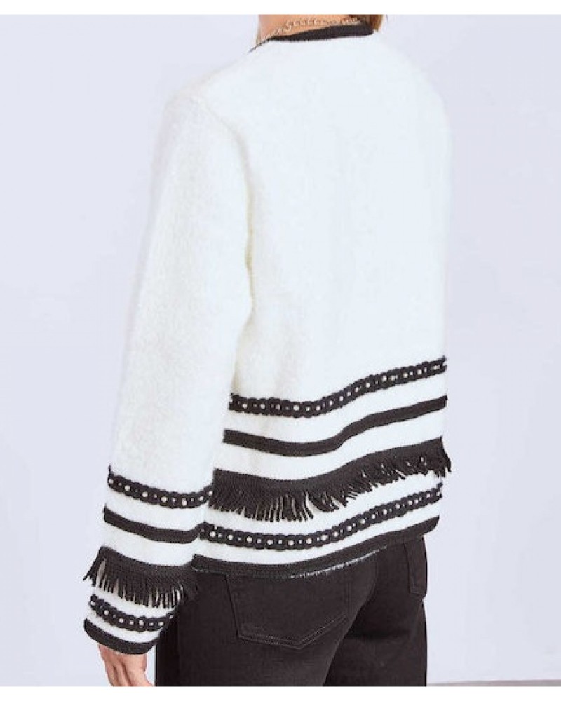 Γυναικεία Πλεκτή Ζακέτα Με Πέρλες Κρόσσια -Λευκό-