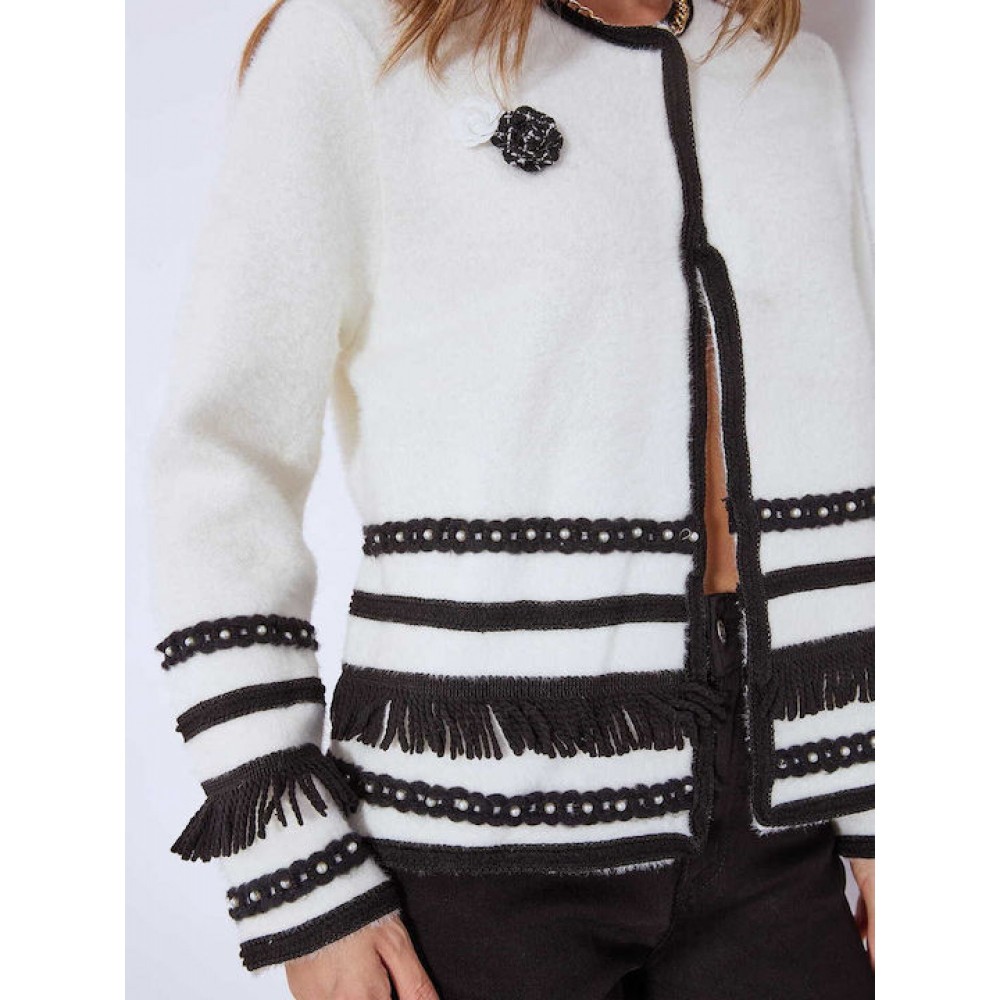 Γυναικεία Πλεκτή Ζακέτα Με Πέρλες Κρόσσια -Λευκό- 2834