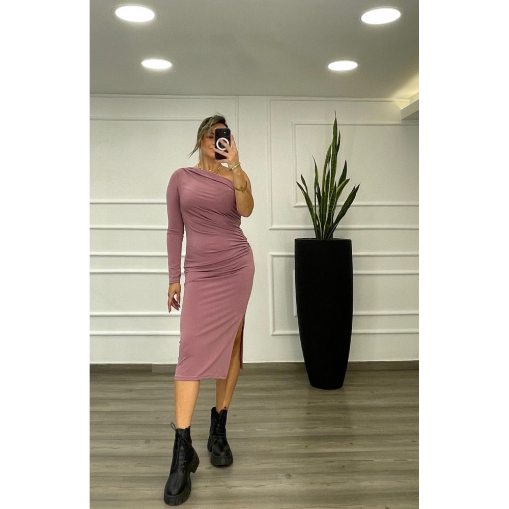 Φόρεμα Εφαρμοστό Με Ένα Ώμο Και Σούρα Super Jersey -Nude- 28405