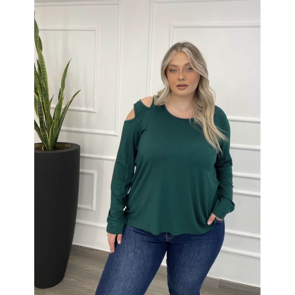 Μπλούζα Βισκόζ Με Άνοιγμα στον Ώμο Plus Size -Κυπαρισσί- 28541