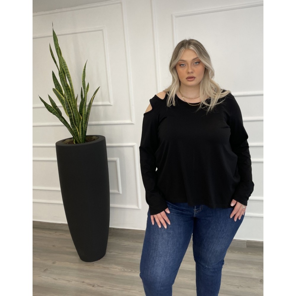 Μπλούζα Βισκόζ Με Άνοιγμα Στον Ώμο Plus Size -Μαύρο- 28541