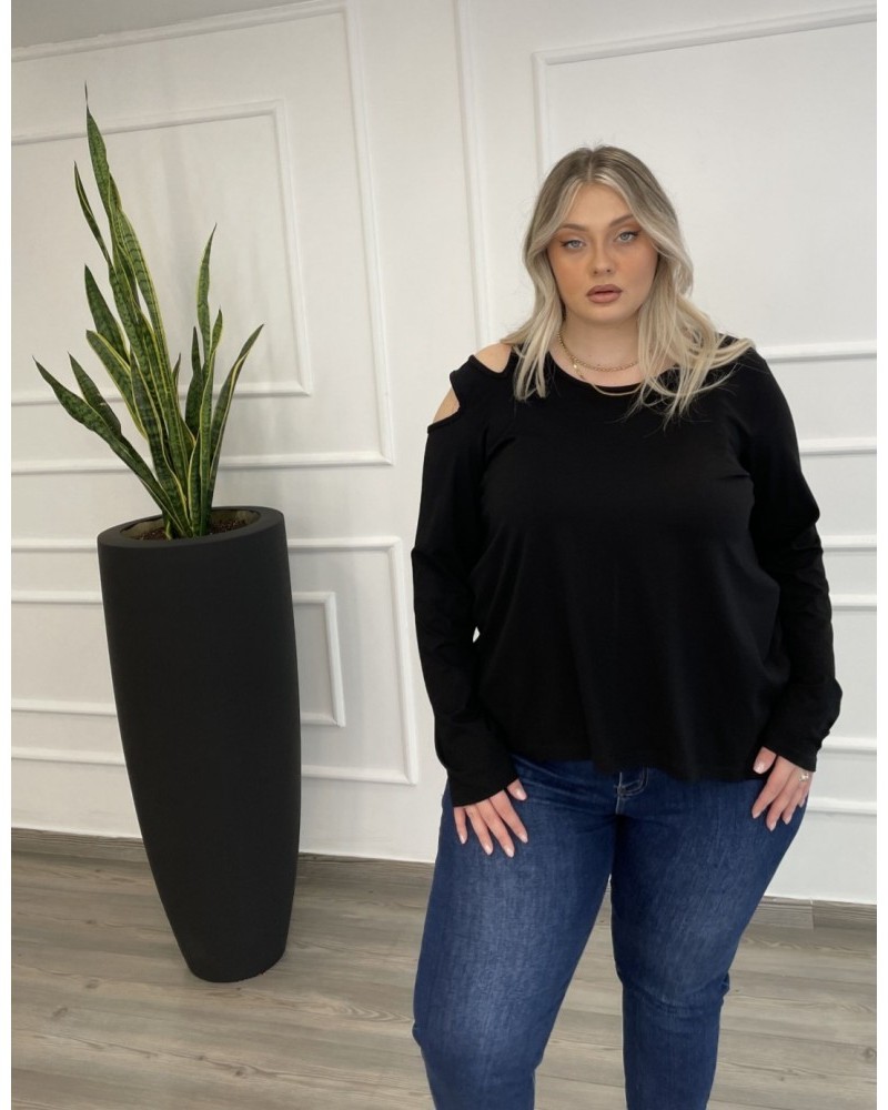Μπλούζα Βισκόζ Με Άνοιγμα Στον Ώμο Plus Size -Μαύρο- 28541
