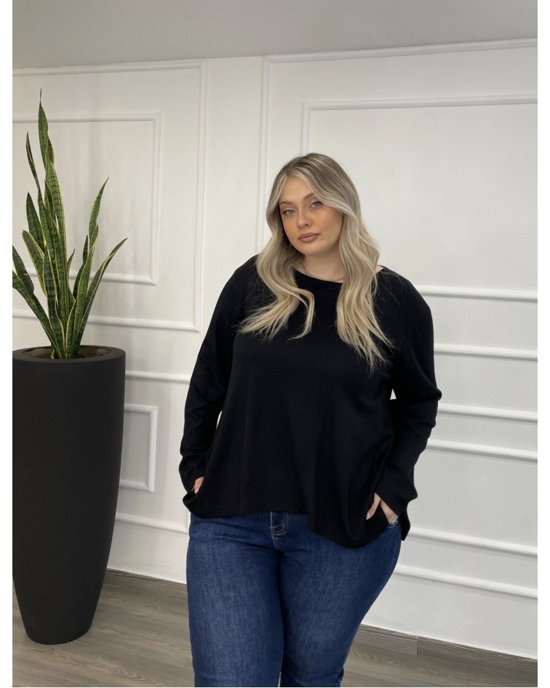 Μπλούζα Μονόχρωμη Πλεκτή Ασύμμετρη Plus Size -Μαύρο- 28545