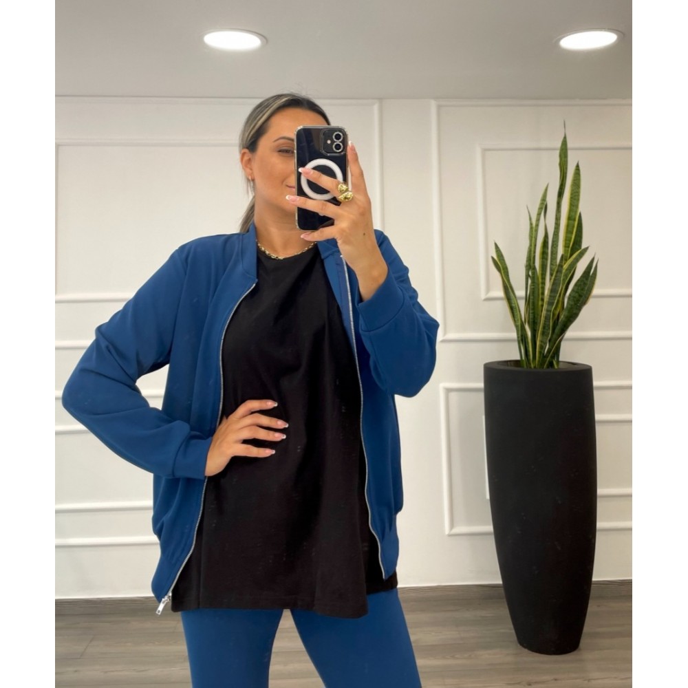 Bomber Jacket Skuba Crepe Μονόχρωμο Με Φερμουάρ -Μπλε Ρουά- 28700