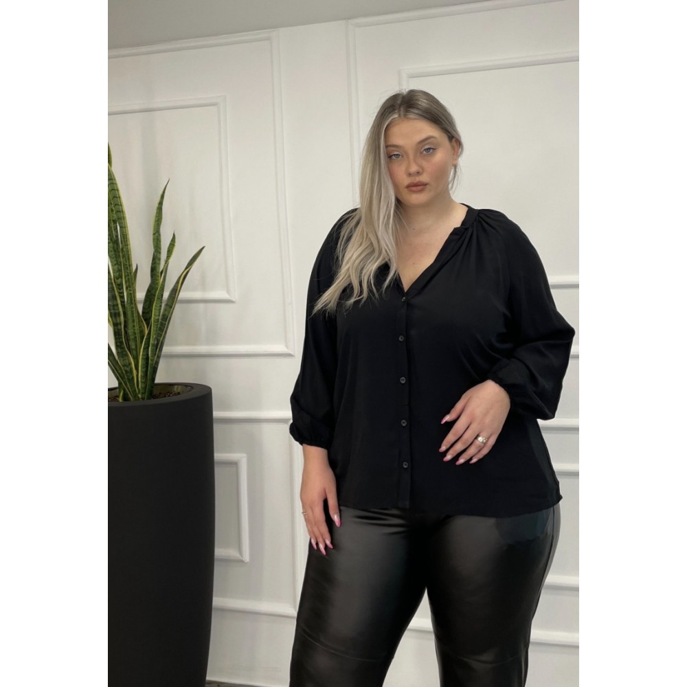 Πουκάμισο Βισκόζ Μονόχρωμο Με Μάο Γιακά Plus Size -Μαύρο- 28802