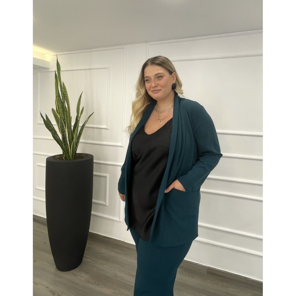 Γυναικείο Σακάκι Scuba Crepe Με Τσέπες Plus Size -Πετρόλ- 28900
