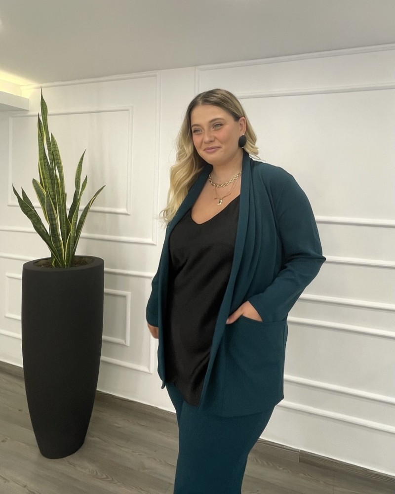 Γυναικείο Σακάκι Scuba Crepe Με Τσέπες Plus Size -Πετρόλ- 28900