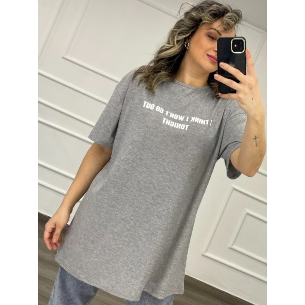 Μπλούζα T-Shirt Μακρύ Μακό Με Τύπωμα I Think I Won't Go Out Tonight -Γκρι- 29507
