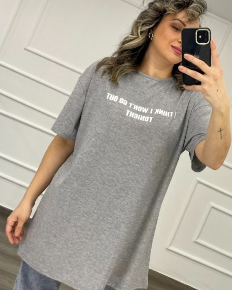 Μπλούζα T-Shirt Μακρύ Μακό Με Τύπωμα I Think I Won't Go Out Tonight -Γκρι- 29507