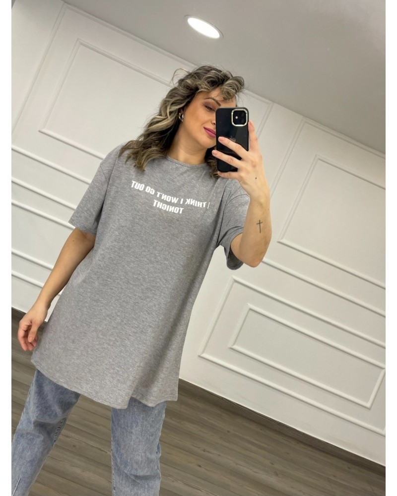 Μπλούζα T-Shirt Μακρύ Μακό Με Τύπωμα I Think I Won't Go Out Tonight -Γκρι- 29507
