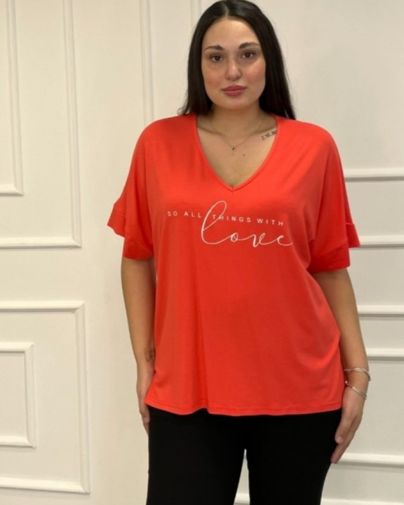 Μπλούζα Βισκόζ Με Τύπωμα Plus Size -Κοραλλί- 29520