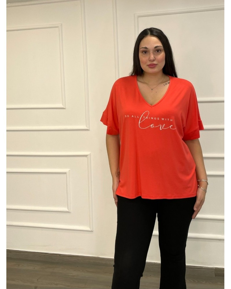 Μπλούζα Βισκόζ Με Τύπωμα Plus Size -Κοραλλί- 29520