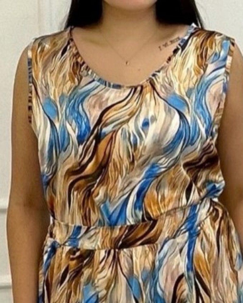 Μπλούζα Αμάνικο Σατέν Plus Size -Εμπριμέ- 29528