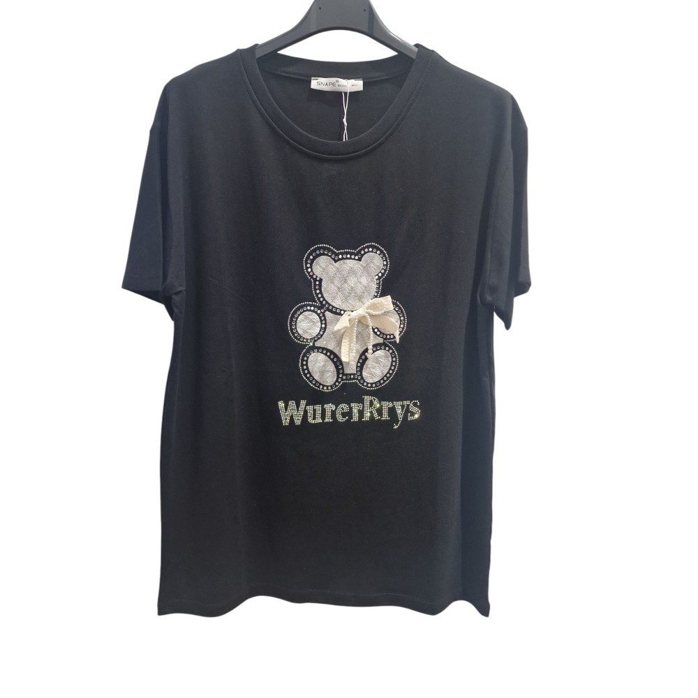 T-Shirt Μπλούζα Μακό με Τύπωμα και Στρας -Μαύρο- 3010
