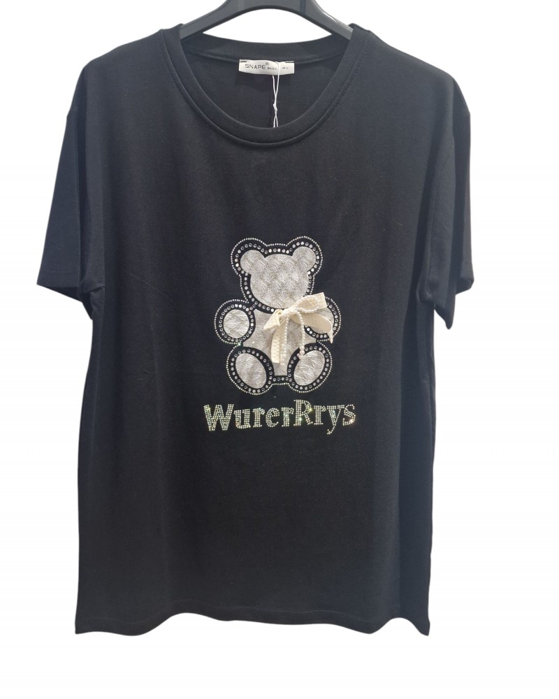 T-Shirt Μπλούζα Μακό με Τύπωμα και Στρας -Μαύρο- 3010