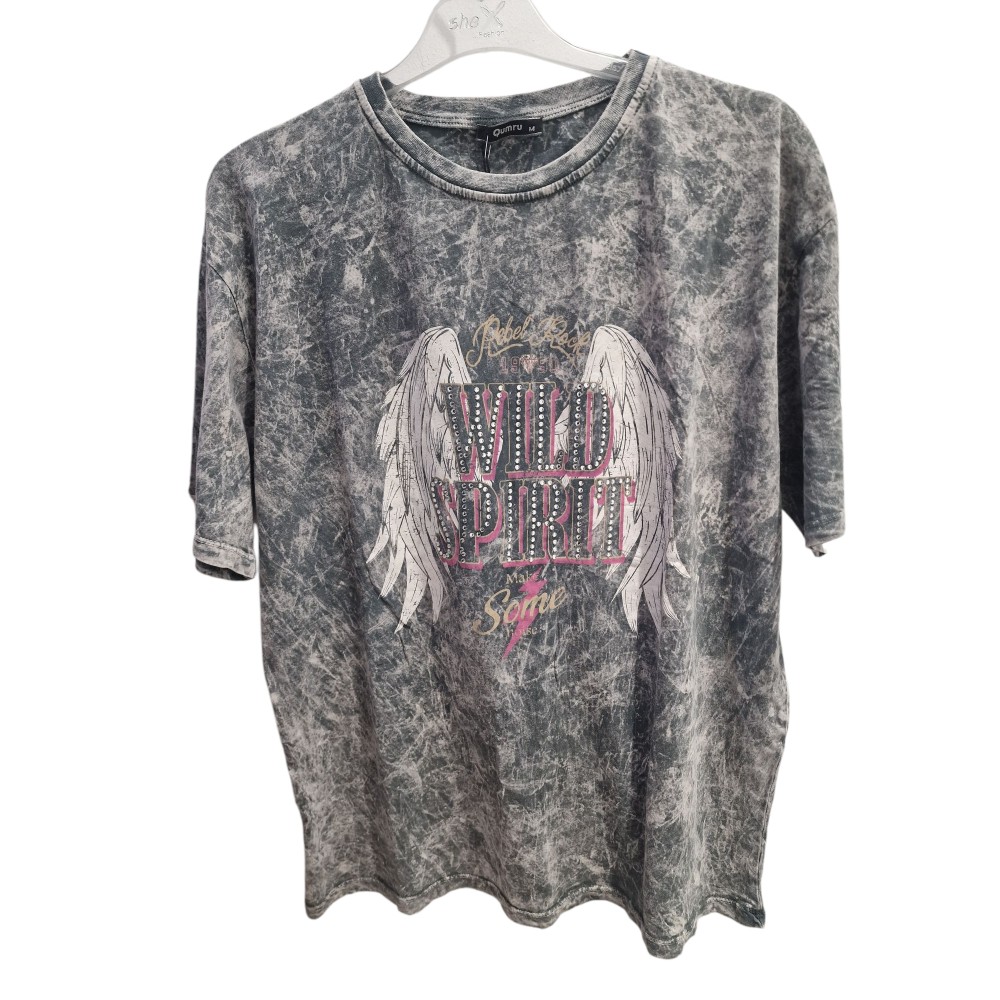 T-Shirt Μπλούζα Μακό με Rock Τύπωμα και Στρας -Γκρι- 3011 T-Shirt Μπλούζα Μακό με Rock Τύπωμα και Στρας -Γκρι- 3011