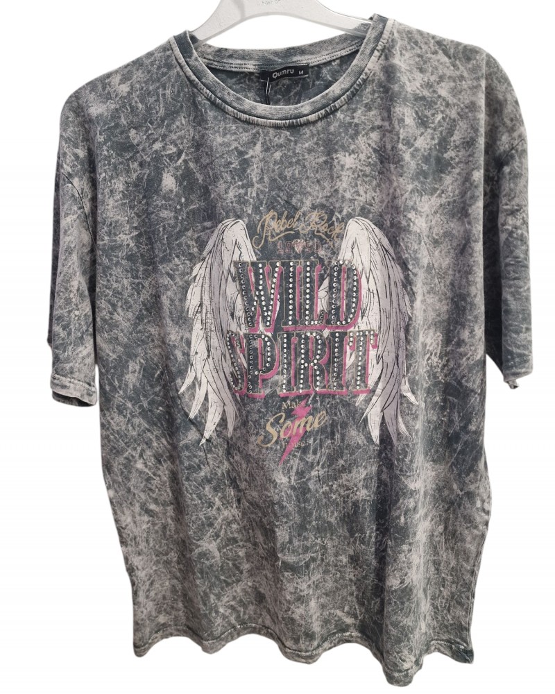 T-Shirt Μπλούζα Μακό με Rock Τύπωμα και Στρας -Γκρι- 3011