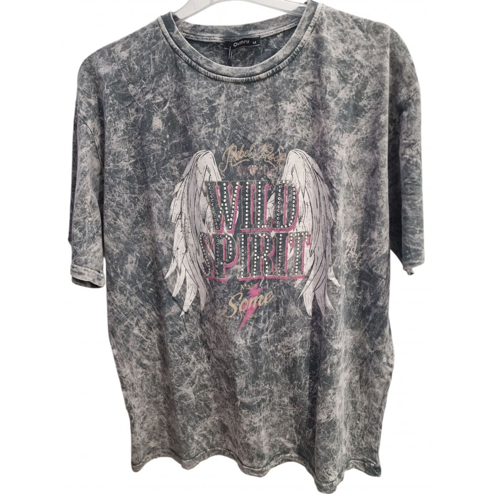 T-Shirt Μπλούζα Μακό με Rock Τύπωμα και Στρας -Γκρι- 3011 T-Shirt Μπλούζα Μακό με Rock Τύπωμα και Στρας -Γκρι- 3011