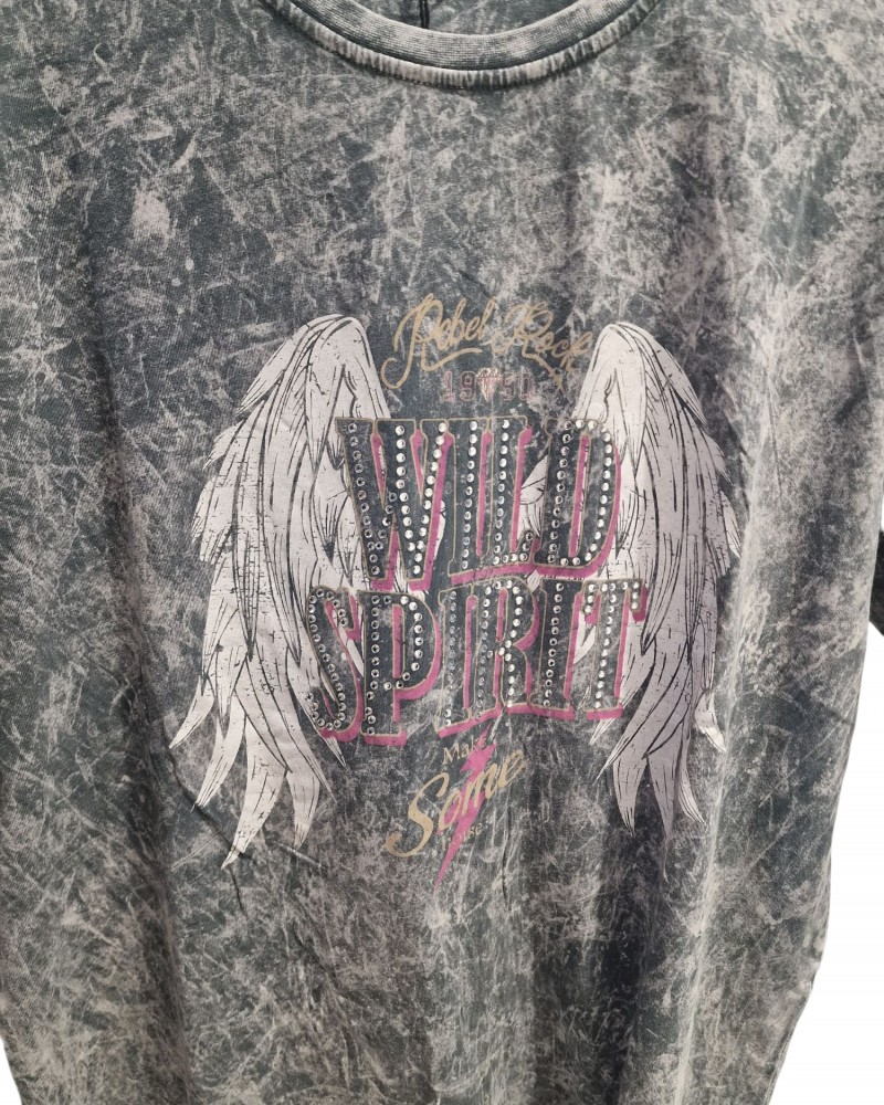 T-Shirt Μπλούζα Μακό με Rock Τύπωμα και Στρας -Γκρι- 3011
