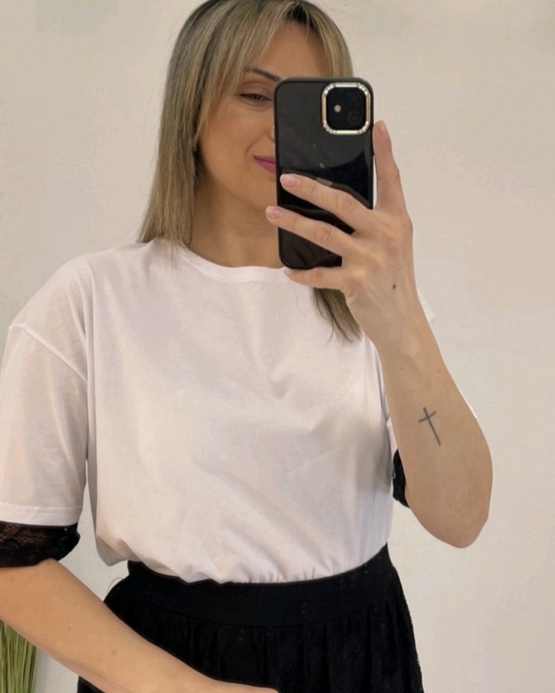 T-Shirt Μπλούζα Μακό με Δαντέλα στο Μανίκι -Λευκό- 31504Δ