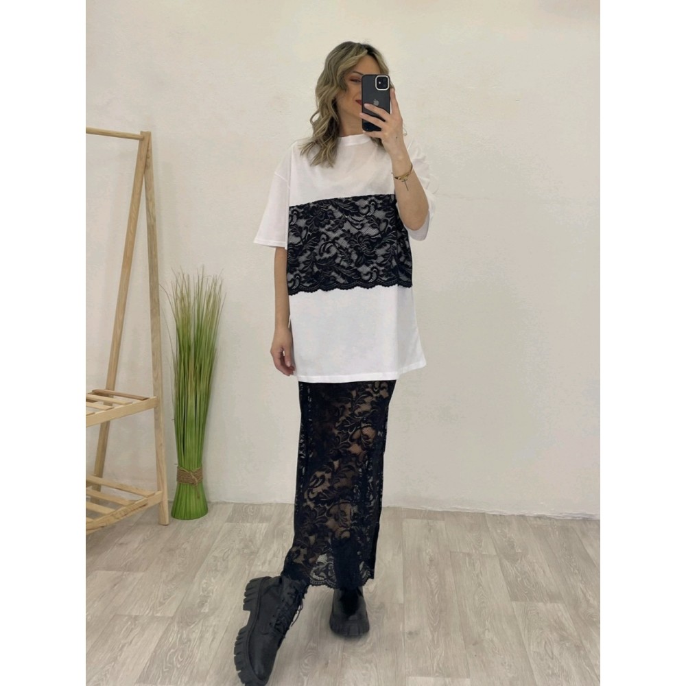 Σετ με Μπλούζα Μακό και Midi Φούστα από Δαντέλα -Λευκό- 31532