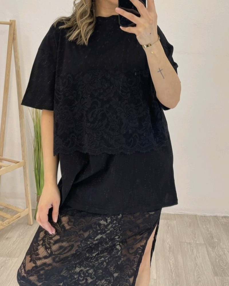 Σετ με Μπλούζα Μακό και Midi Φούστα από Δαντέλα -Μαύρο- 31532
