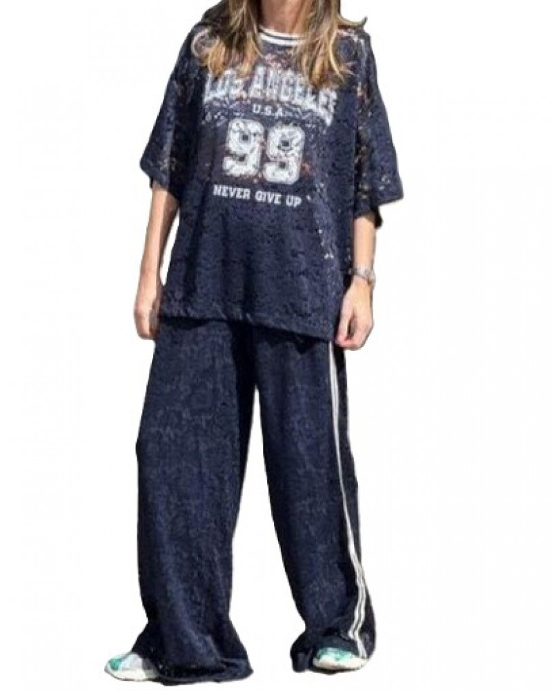 Σετ από Δαντέλα με Μπλούζα Κολεγίου και Παντελόνι με Tape -Μπλε- 3153