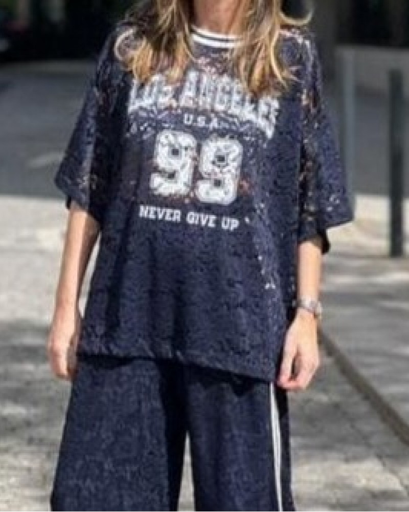 Σετ από Δαντέλα με Μπλούζα Κολεγίου και Παντελόνι με Tape -Μπλε- 3153