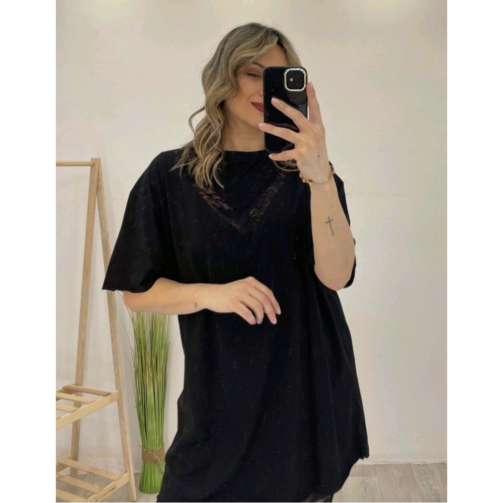 T-Shirt Μπλούζα Μακό με Δαντέλα -Μαύρο- 31540 T-Shirt Μπλούζα Μακό με Δαντέλα -Μαύρο- 31540