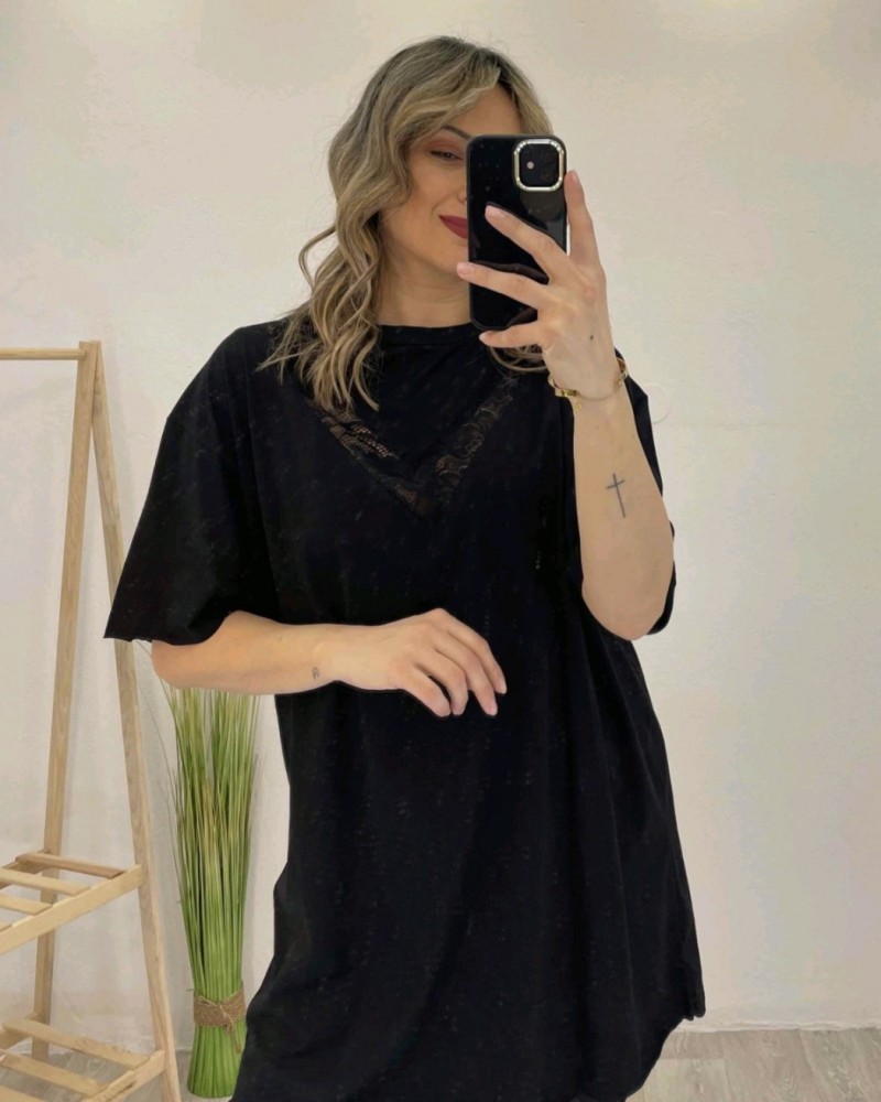 T-Shirt Μπλούζα Μακό με Δαντέλα -Μαύρο- 31540