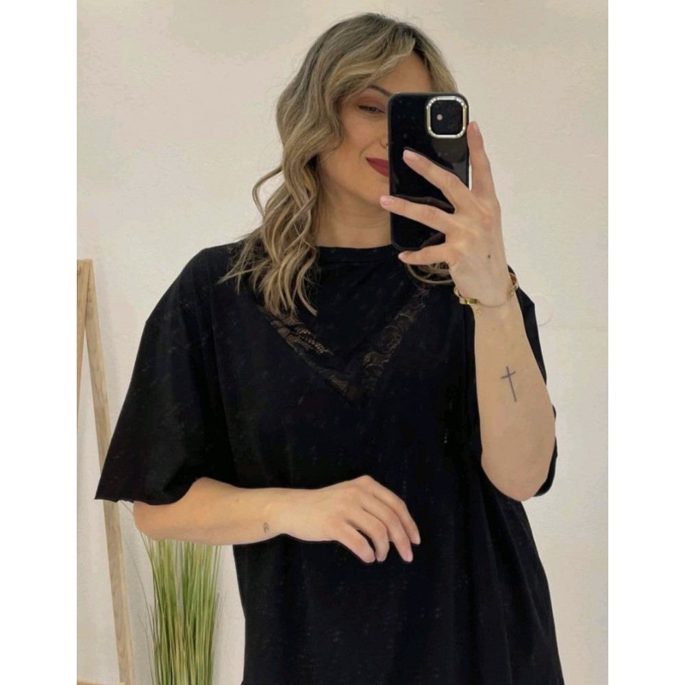 T-Shirt Μπλούζα Μακό με Δαντέλα -Μαύρο- 31540 T-Shirt Μπλούζα Μακό με Δαντέλα -Μαύρο- 31540