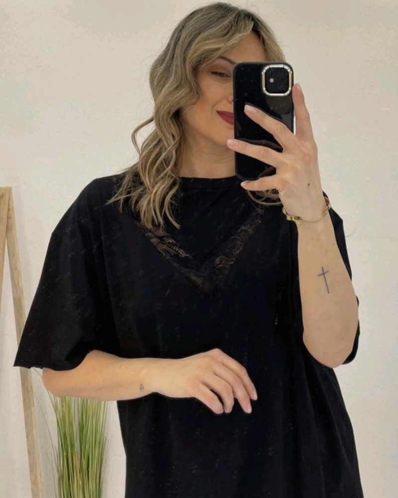 T-Shirt Μπλούζα Μακό με Δαντέλα -Μαύρο- 31540