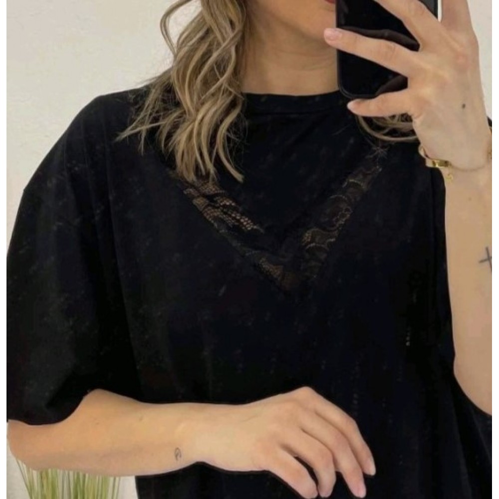T-Shirt Μπλούζα Μακό με Δαντέλα -Μαύρο- 31540 T-Shirt Μπλούζα Μακό με Δαντέλα -Μαύρο- 31540
