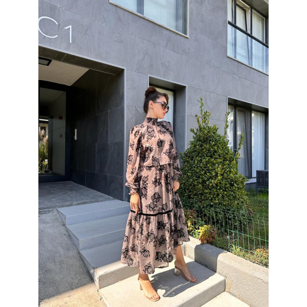 Φόρεμα από Σιφόν με Επένδυση Floral Velvet Print -Nude- 3263