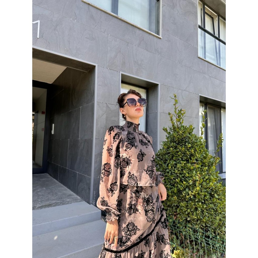 Φόρεμα από Σιφόν με Επένδυση Floral Velvet Print -Nude- 3263