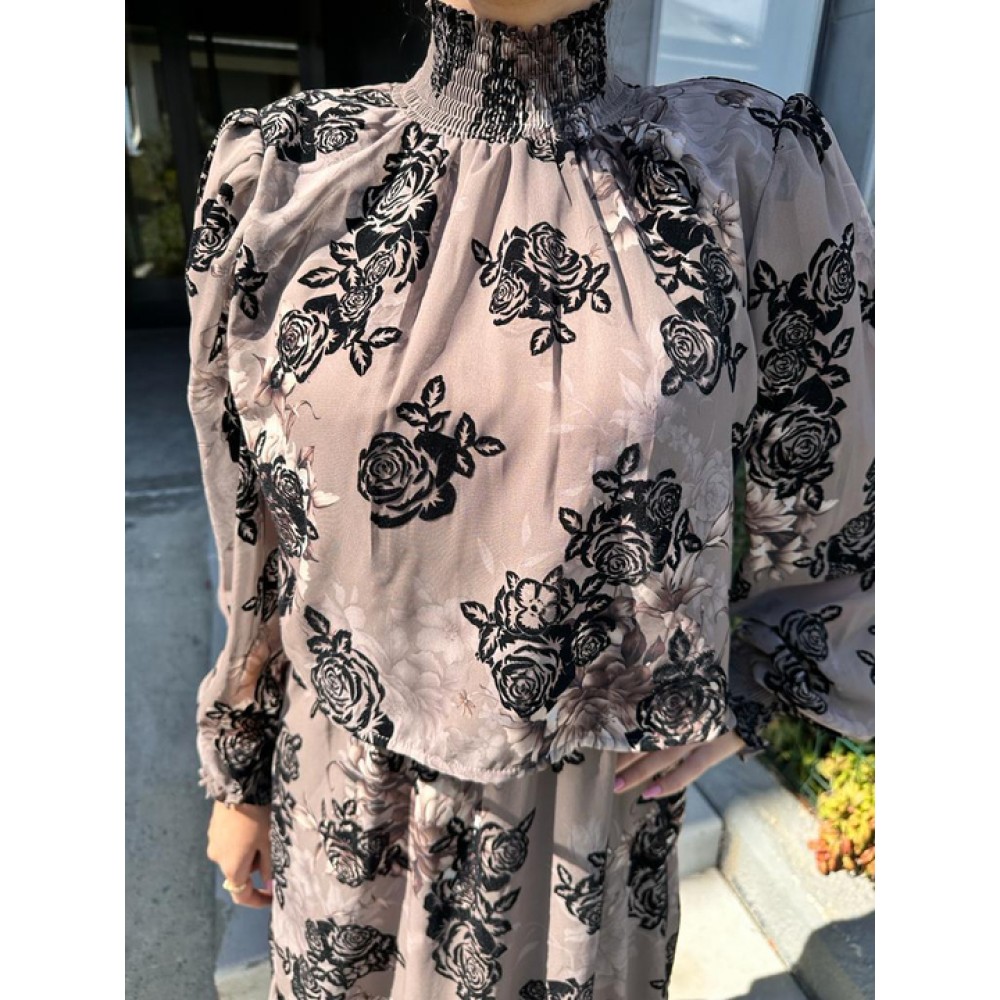 Φόρεμα από Σιφόν με Επένδυση Floral Velvet Print -Nude- 3263