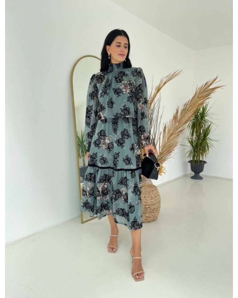 Φόρεμα Από Σιφόν Με Επένδυση Floral Velvet Print -Πετρόλ- 3263